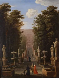Eine elegante Gesellschaft in den Gärten der Villa d’Este in Tivoli vor der großen Kaskade des Pirro Ligorio
